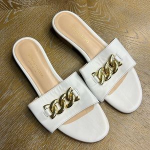 ANDREA CARRANO White Leather Gold Chain Slide Sandals 36